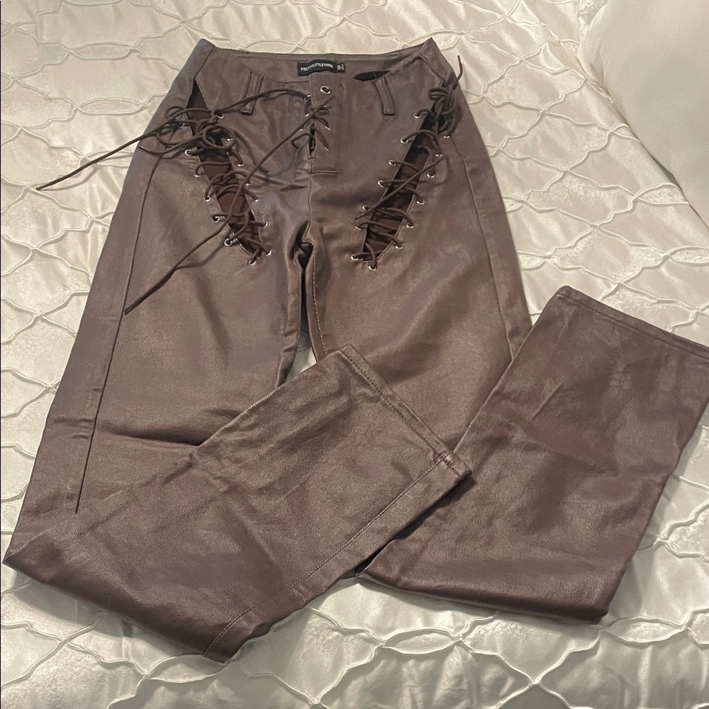 PrettyLittleThing Brown Lace-Up Faux Leather Skinny Pants